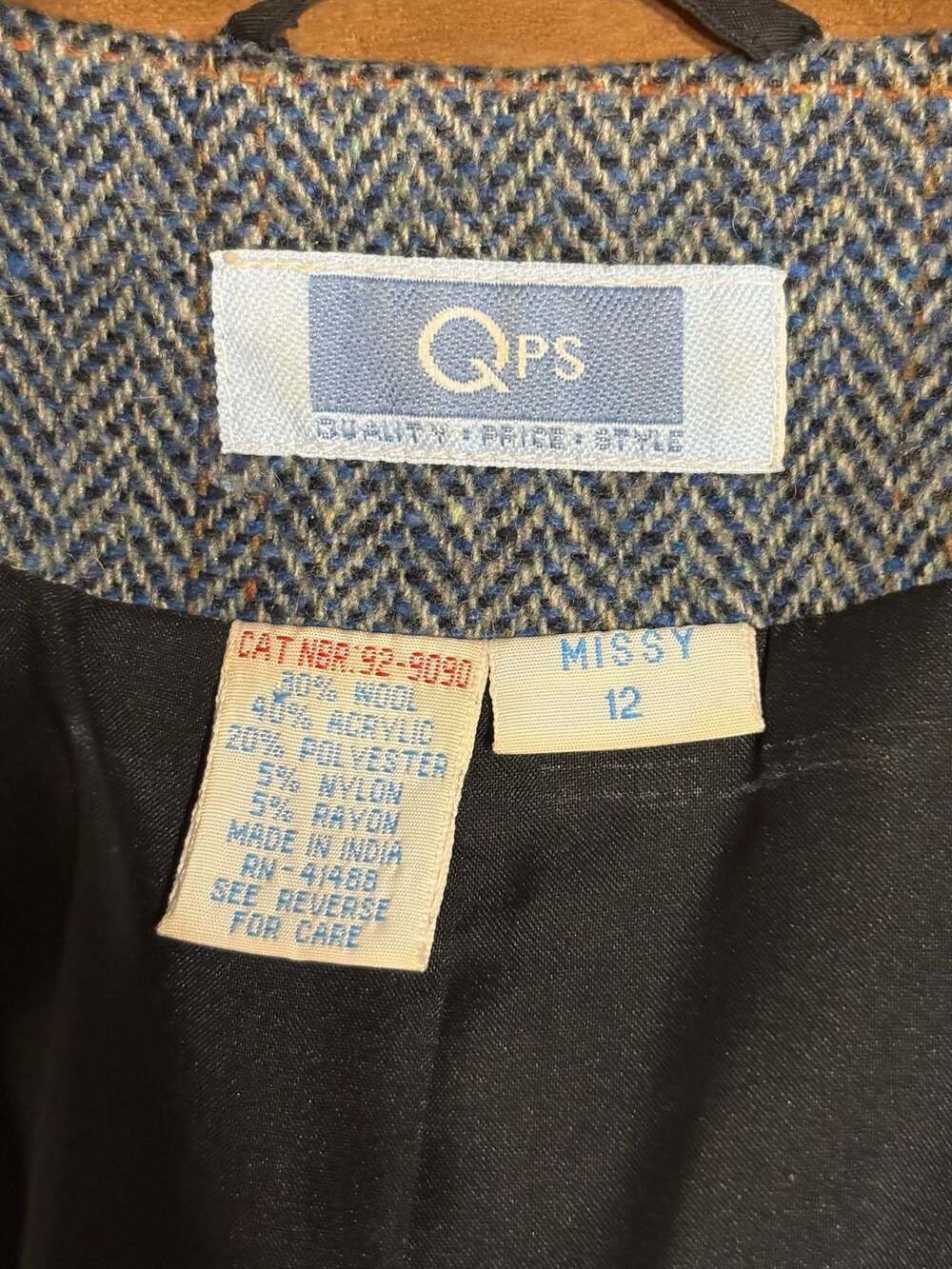 Vintage QPS Patchwork Herringbone Wool-Blend Blazer Jacket #1401 - Picture 3 of 5